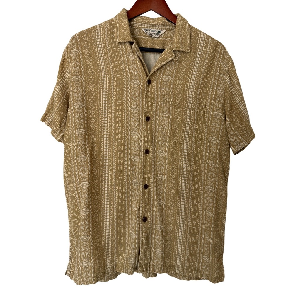 Line of Trade Mens Medium Tan Paisley Geometric Linen Blend Button Down Shirt